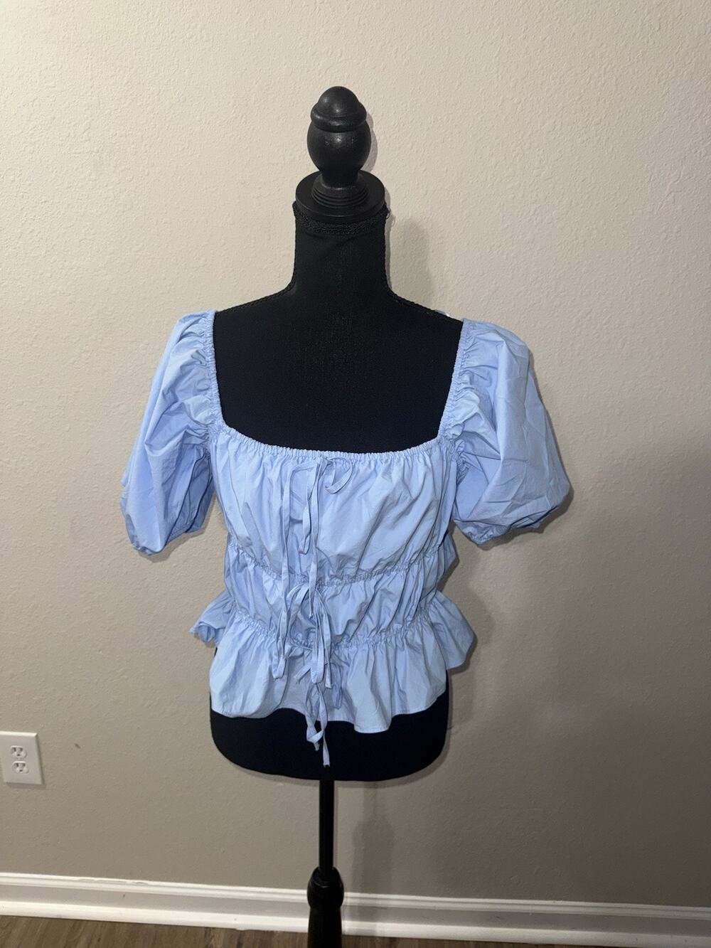 English Factory Blue Puff Sleeve Top Large Square Neck Ruched Tie Peplum Blouse